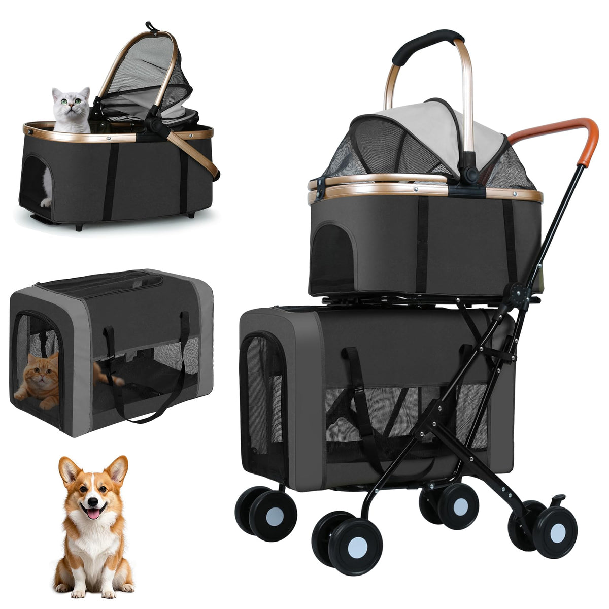 Double Pet Stroller with 4 Lockable Wheels W7756