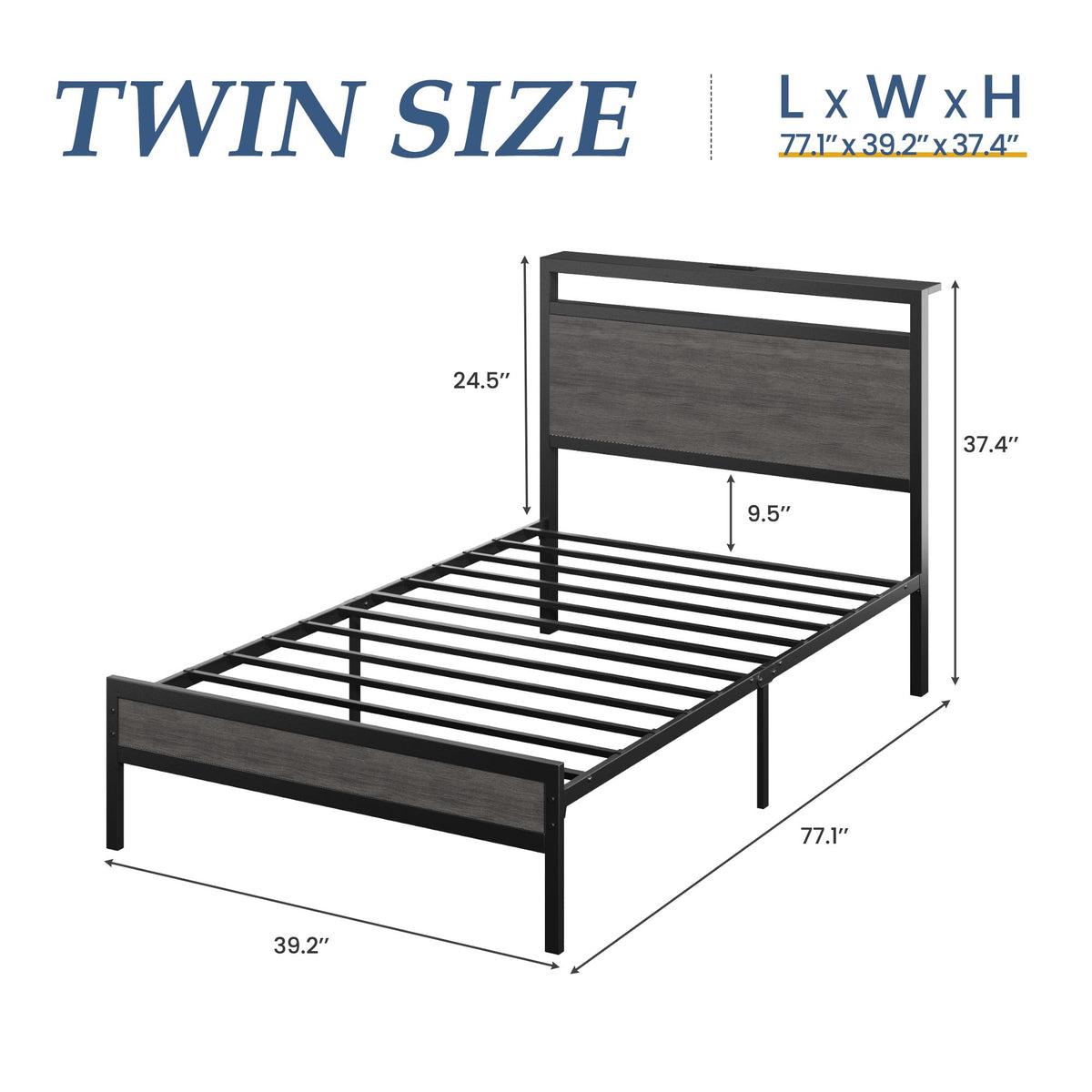 Twin Bed Frame with Headboard & Footboard, Charging Station & LED Light, Rustic Grey V896681