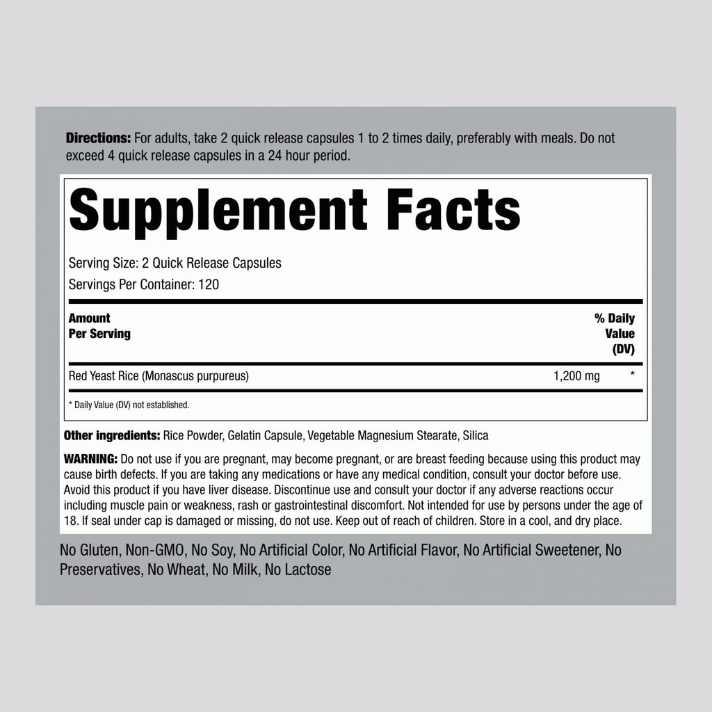 Red Yeast Rice 1200 mg 240 Capsules A16132