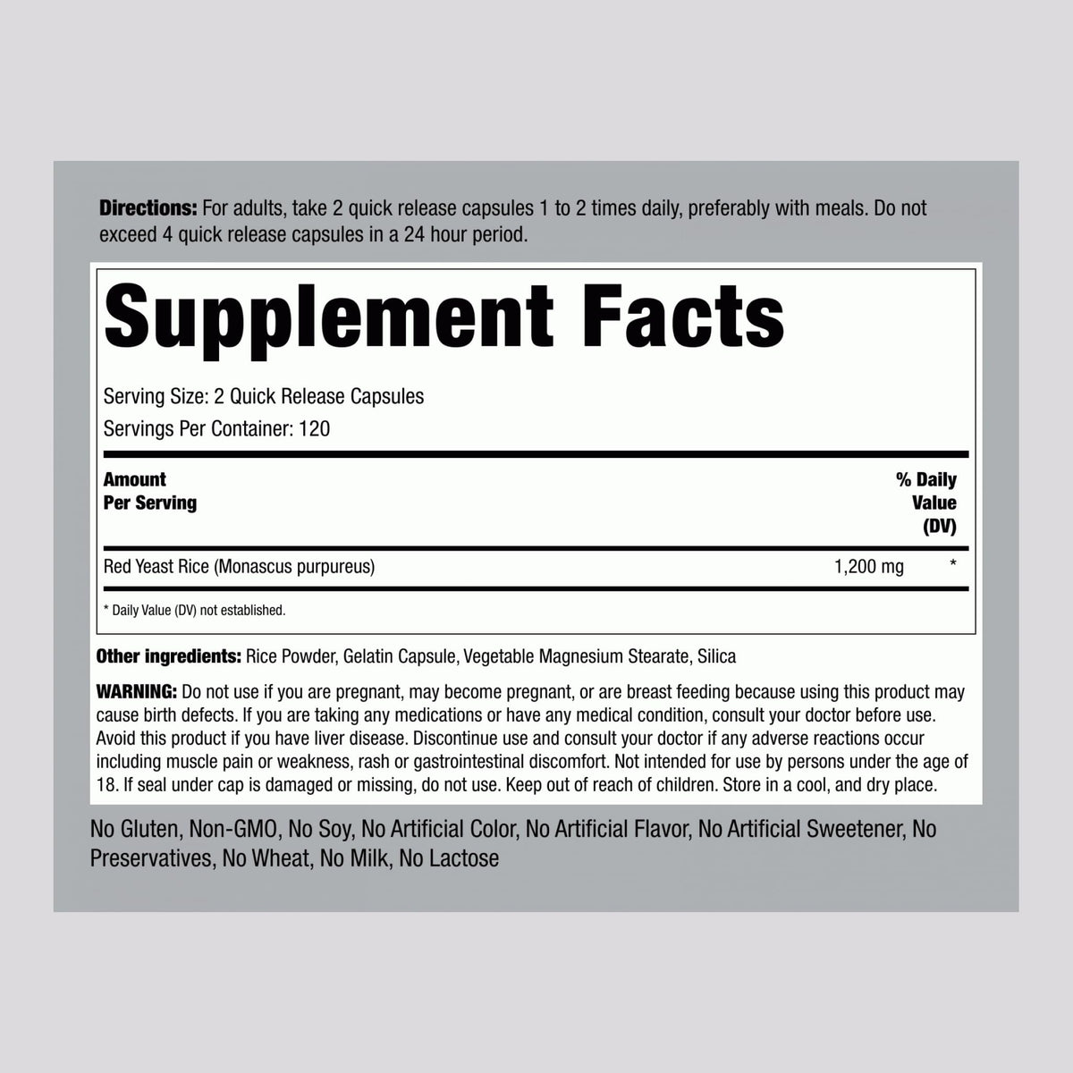 Red Yeast Rice 1200 mg 240 Capsules A16132