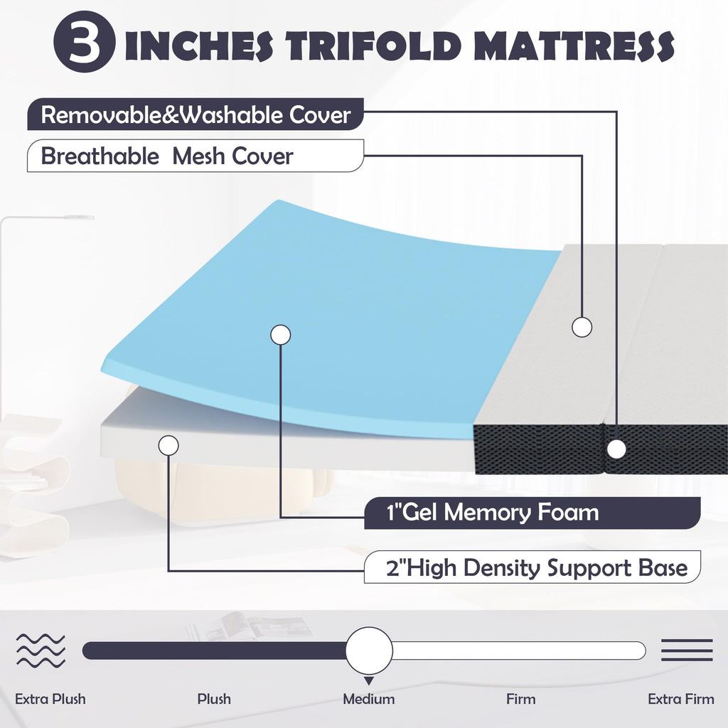 Memory Foam Folding Mattress Full 3 Inch Trifold with Washable Cover G779