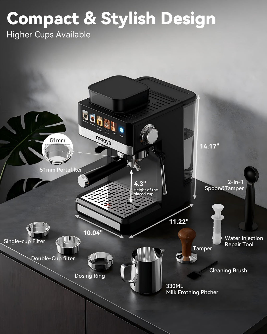 20Bar Compact Espresso Machine with Grinder and Steam Milk Frother L637585