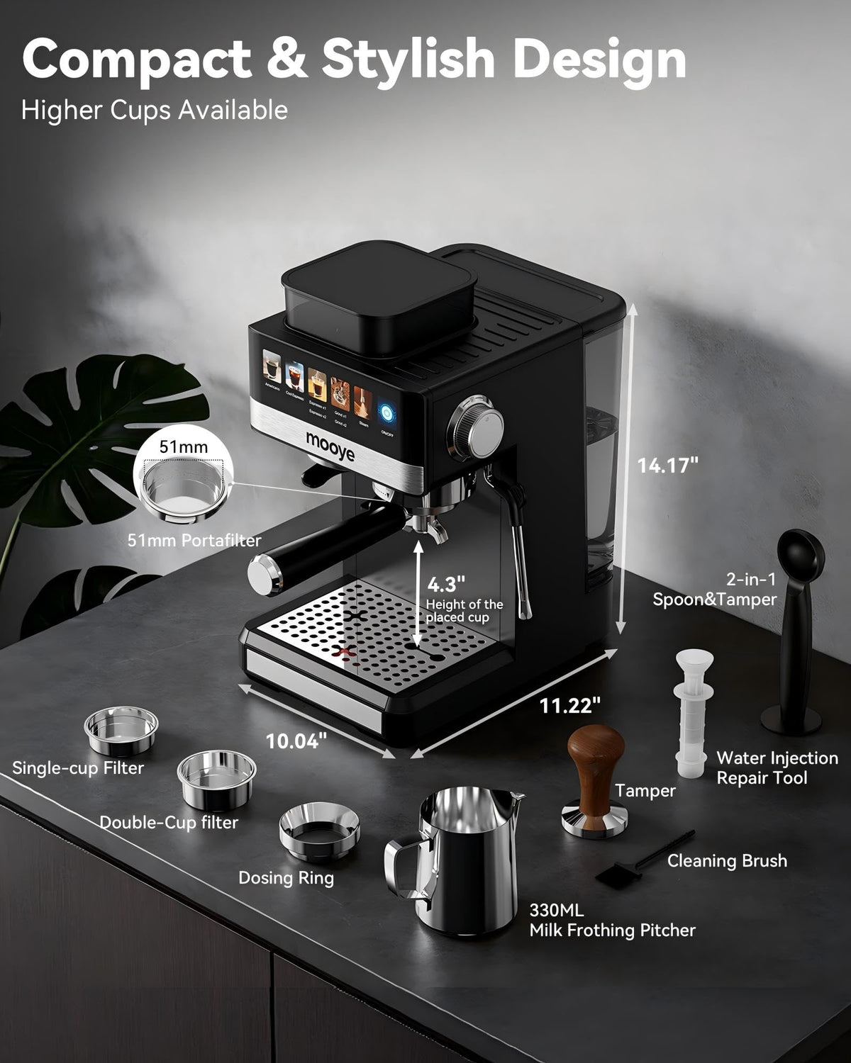 20Bar Compact Espresso Machine with Grinder and Steam Milk Frother L637585