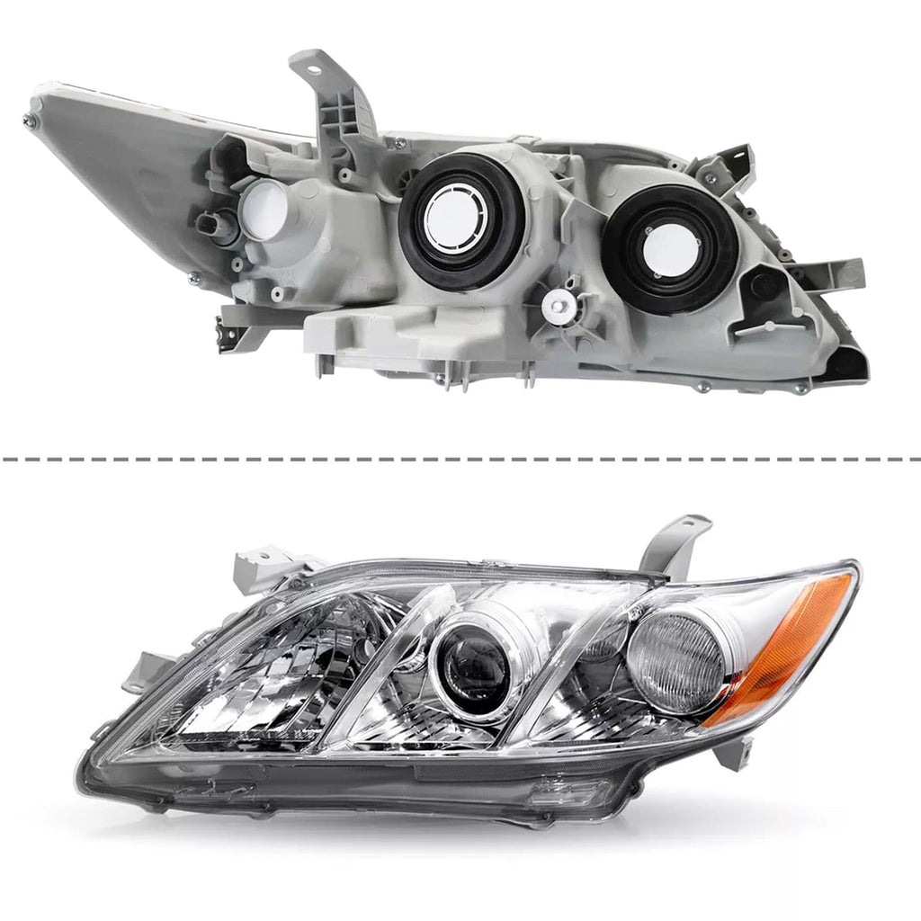 Pair Headlights Assembly Compatible With 2007-2009 Toyota Camry Driver Passenger Side Halogen Chrome Housing Clear Lens Q698