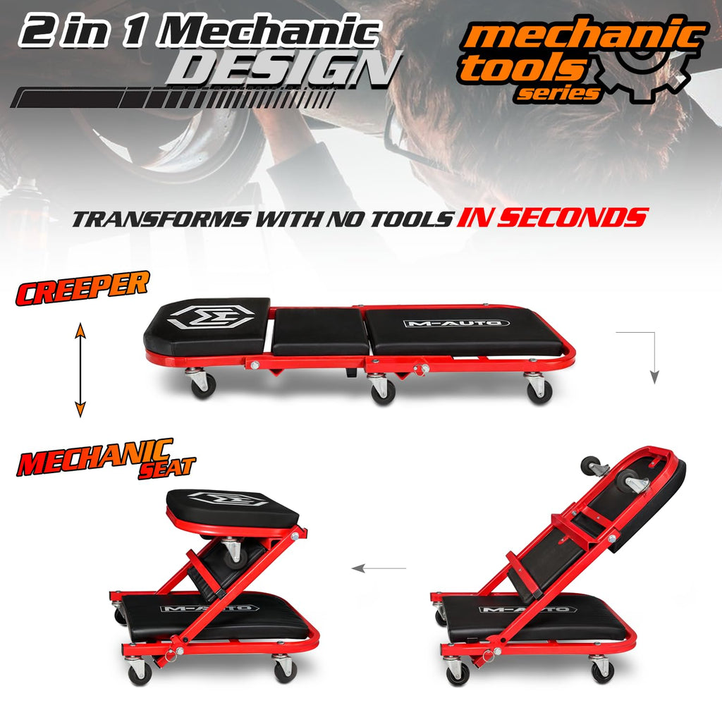 40-Inch Folding Creeper Rolling Seat, 330LBS Capacity with 6 Swivel Casters, Red A4180