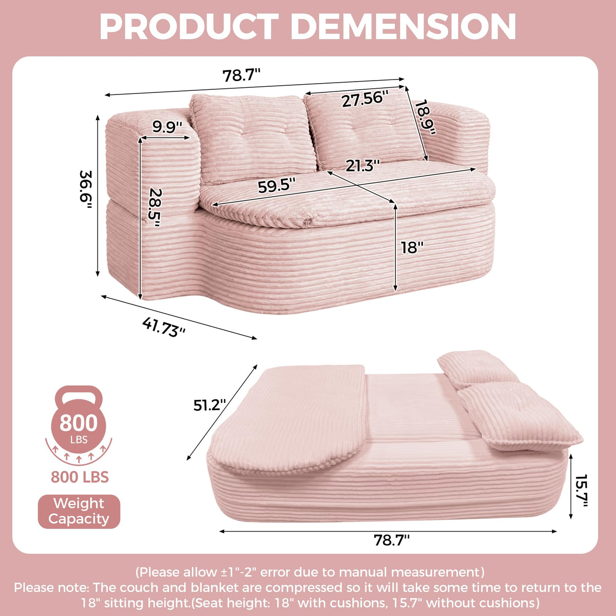 Pink Corduroy Convertible Sofa Bed L166