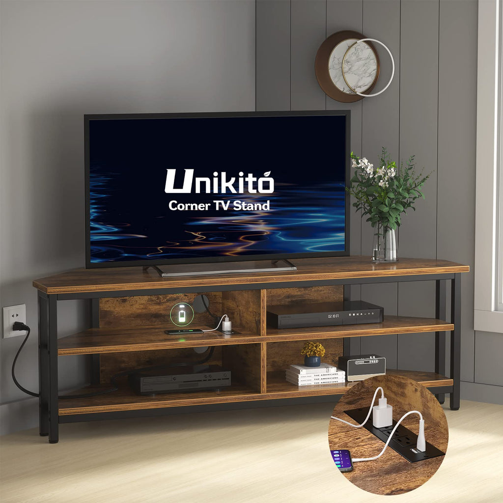 55'' Corner TV Stand with Power Outlet and 4 Open Storage Shelves O549