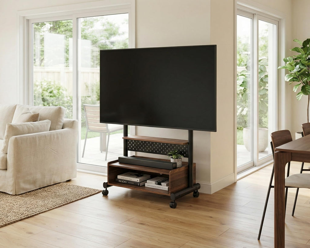 Rolling TV Floor Stand for 40-85in TVs, Height-Adjustable, Walnut V613672