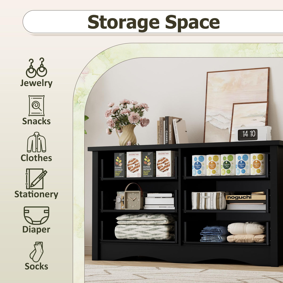 Black 6 Drawer Wood Dresser N7417