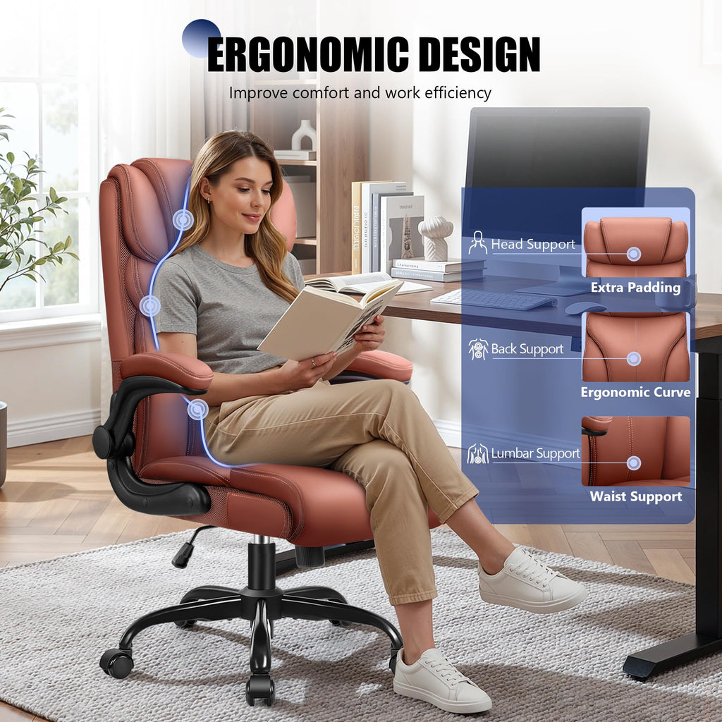 Brown High Back Office Chair with Flip-up Armrests F9466