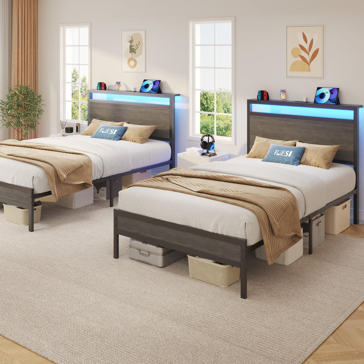 Twin Bed Frame with Headboard & Footboard, Charging Station & LED Light, Rustic Grey V896681