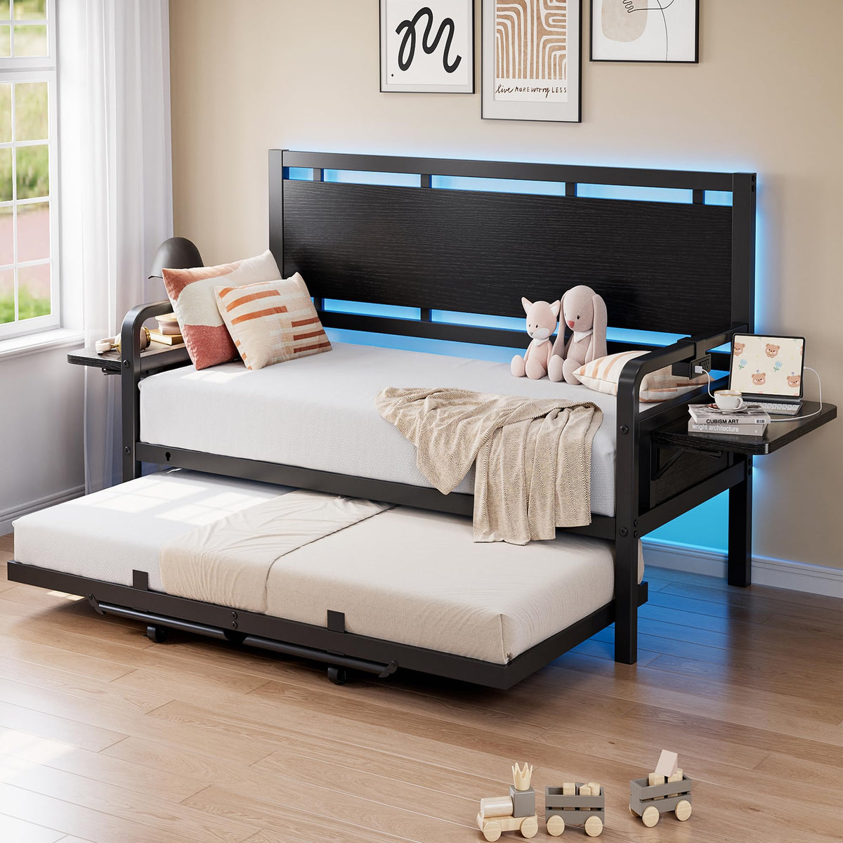 Black Metal Daybed with Trundle and LED Light O764