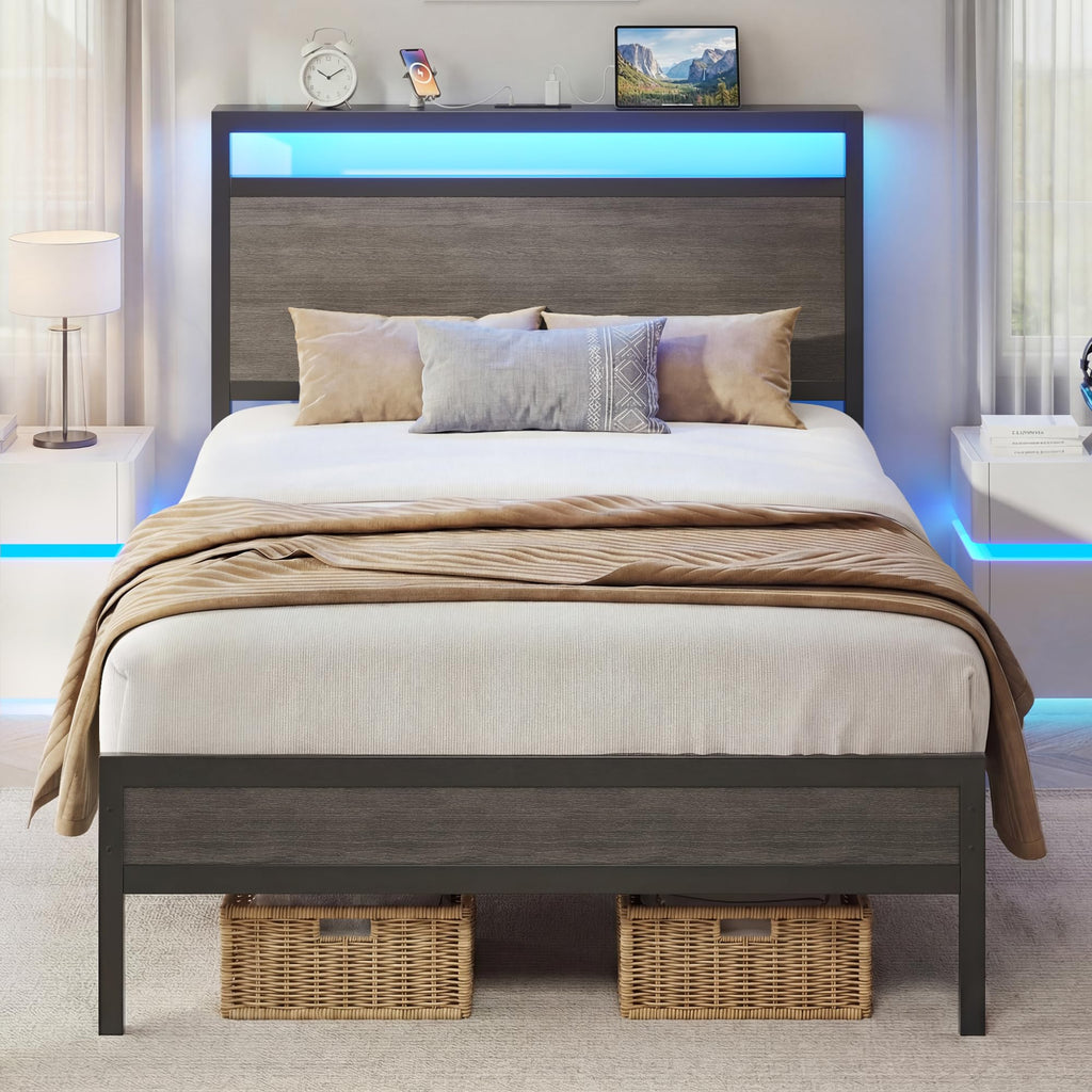 Twin Bed Frame with Headboard & Footboard, Charging Station & LED Light, Rustic Grey V896681