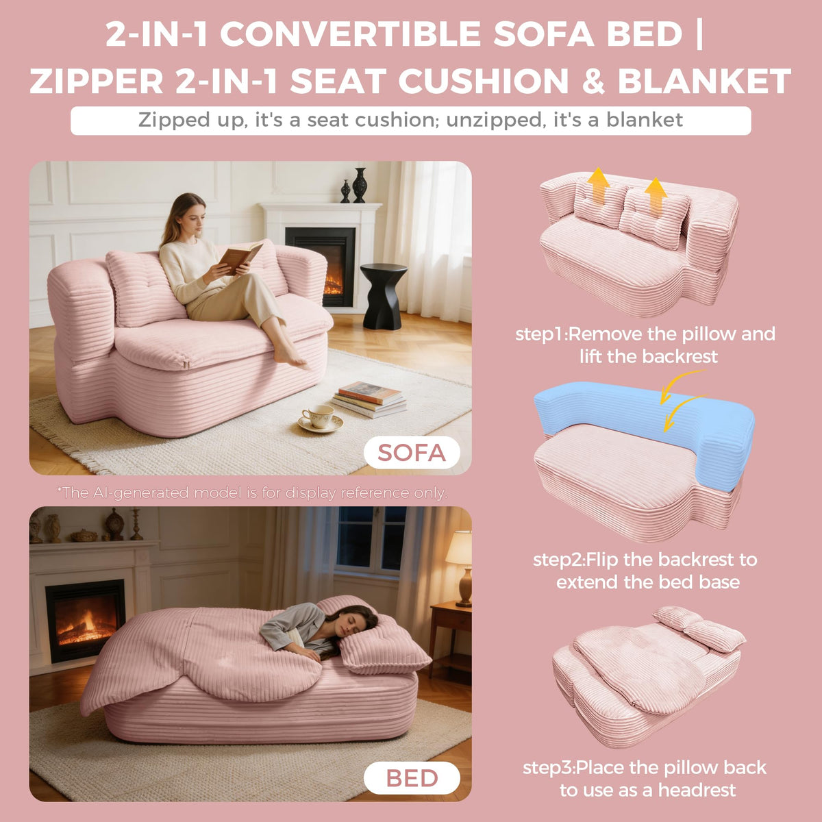 Pink Corduroy Convertible Sofa Bed L166