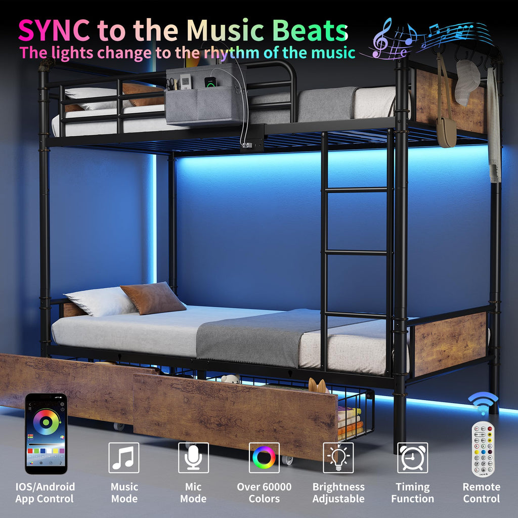Metal LED Bunk Bed Twin Over Twin with 2 Storage Drawers Q832745