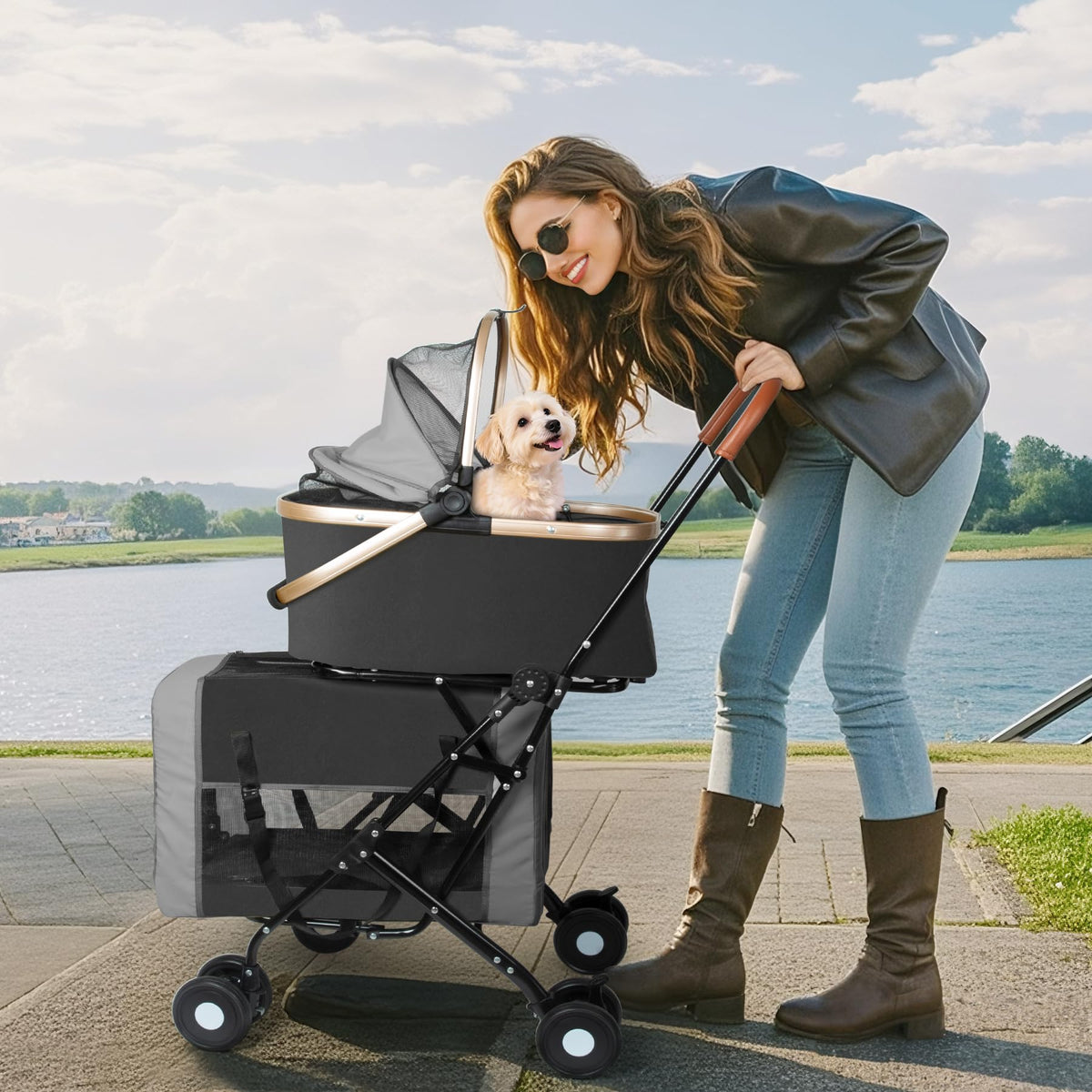 Double Pet Stroller with 4 Lockable Wheels W7756
