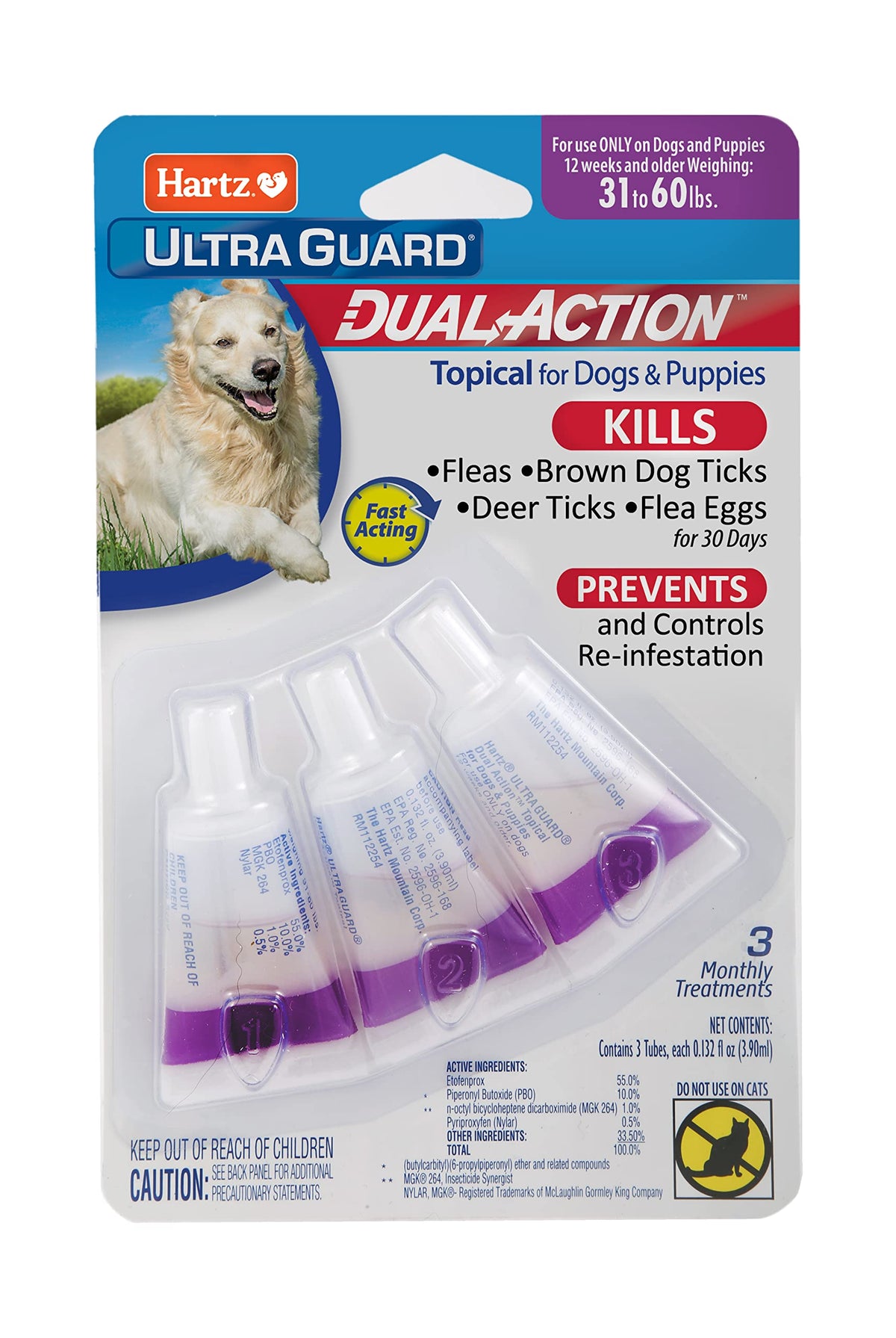 Flea & Tick Treatment for Dogs and Puppies 31-60lbs 3 Monthly Treatments G831303