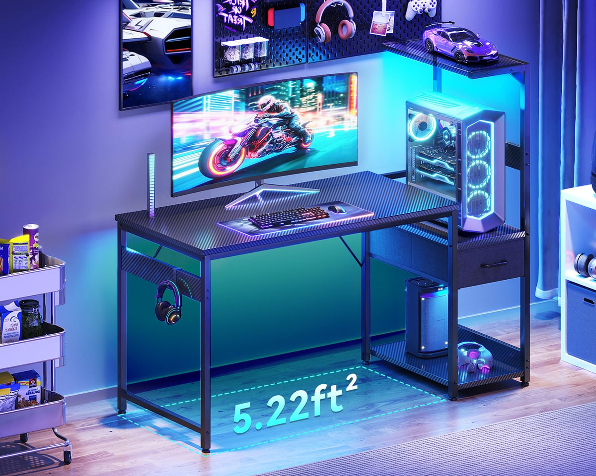 48'' Black Gaming Desk with LED Lights & CPU Stand V3323