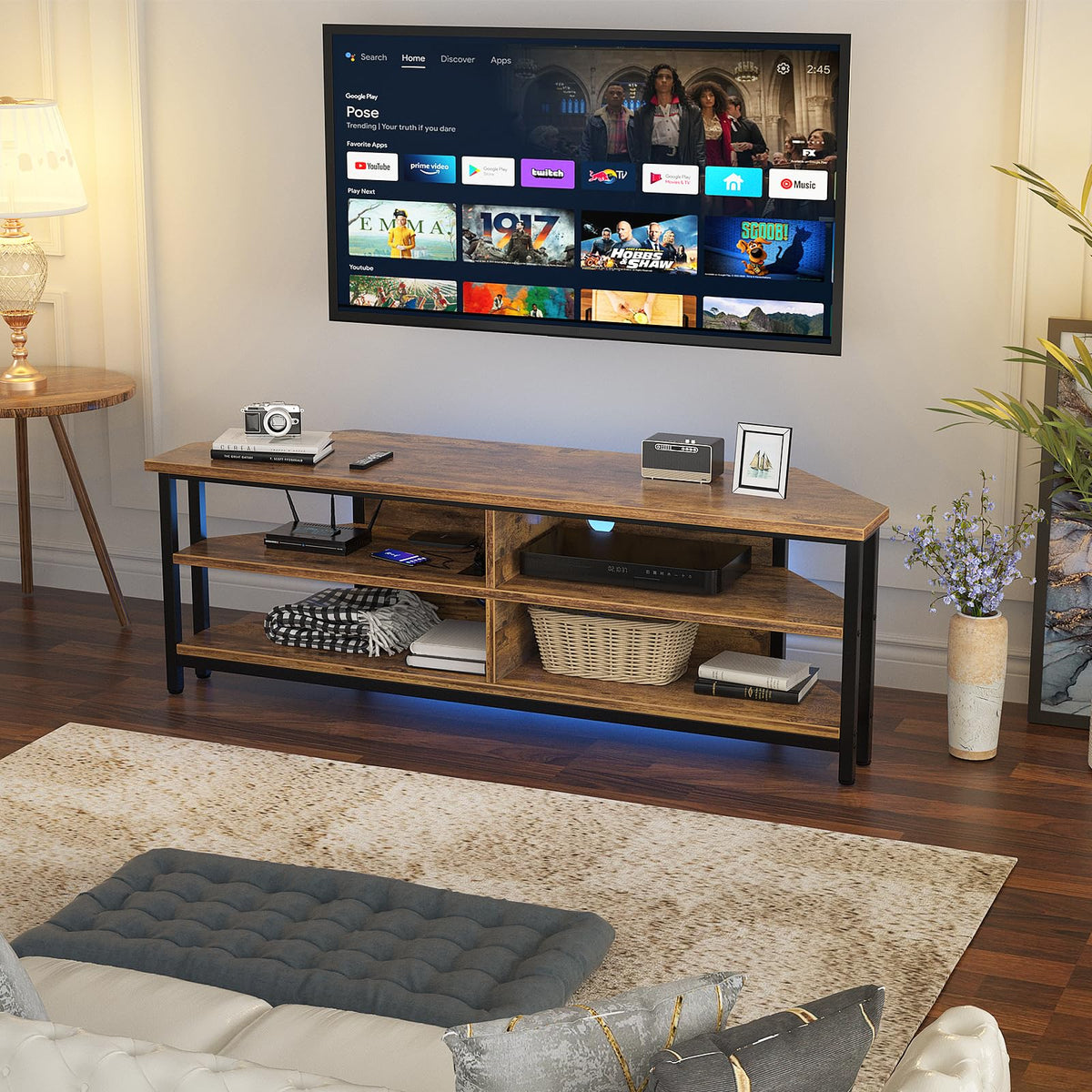 55'' Corner TV Stand with Power Outlet and 4 Open Storage Shelves O549