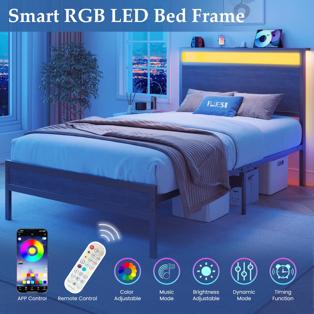 Twin Bed Frame with Headboard & Footboard, Charging Station & LED Light, Rustic Grey V896681
