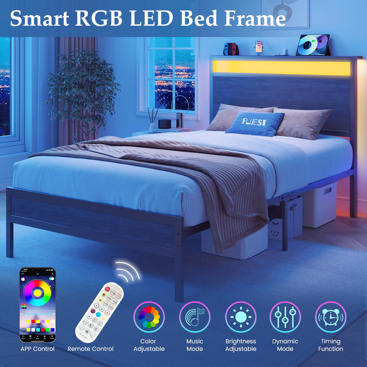Twin Bed Frame with Headboard & Footboard, Charging Station & LED Light, Rustic Grey V896681
