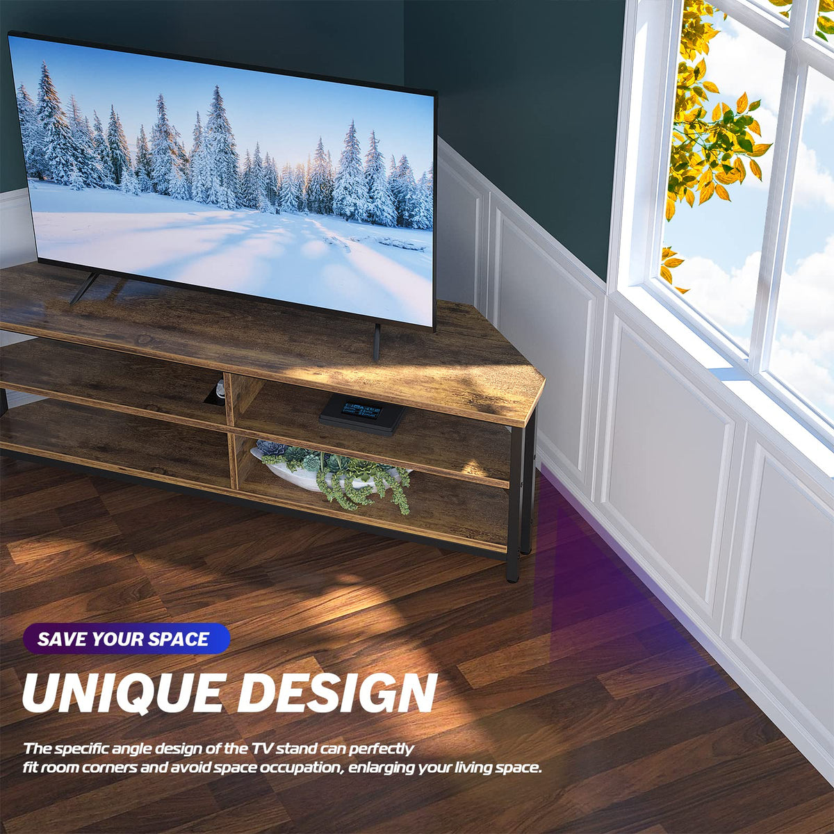 55'' Corner TV Stand with Power Outlet and 4 Open Storage Shelves O549
