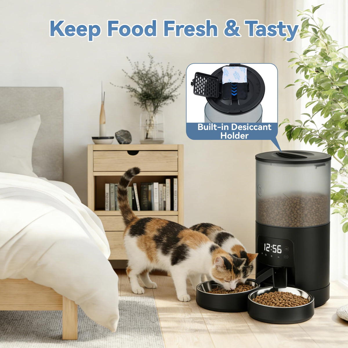 6L Automatic Cat Feeder with 2 Stainless Bowls Black Z24816