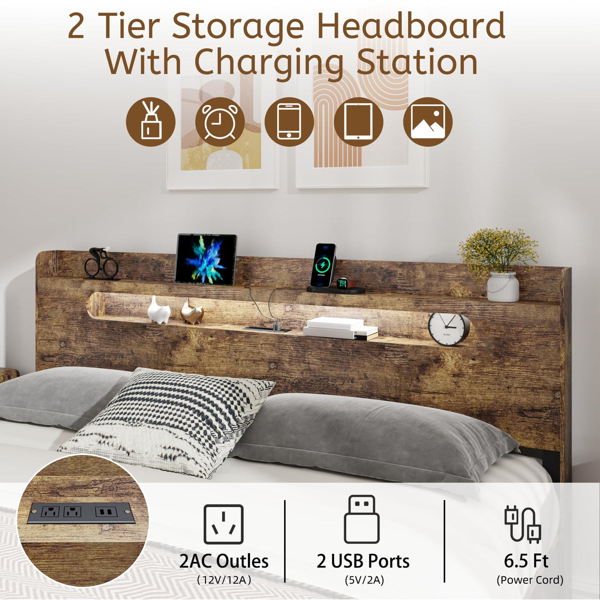 Queen Size Wood Bed Frame with Storage Headboard I995