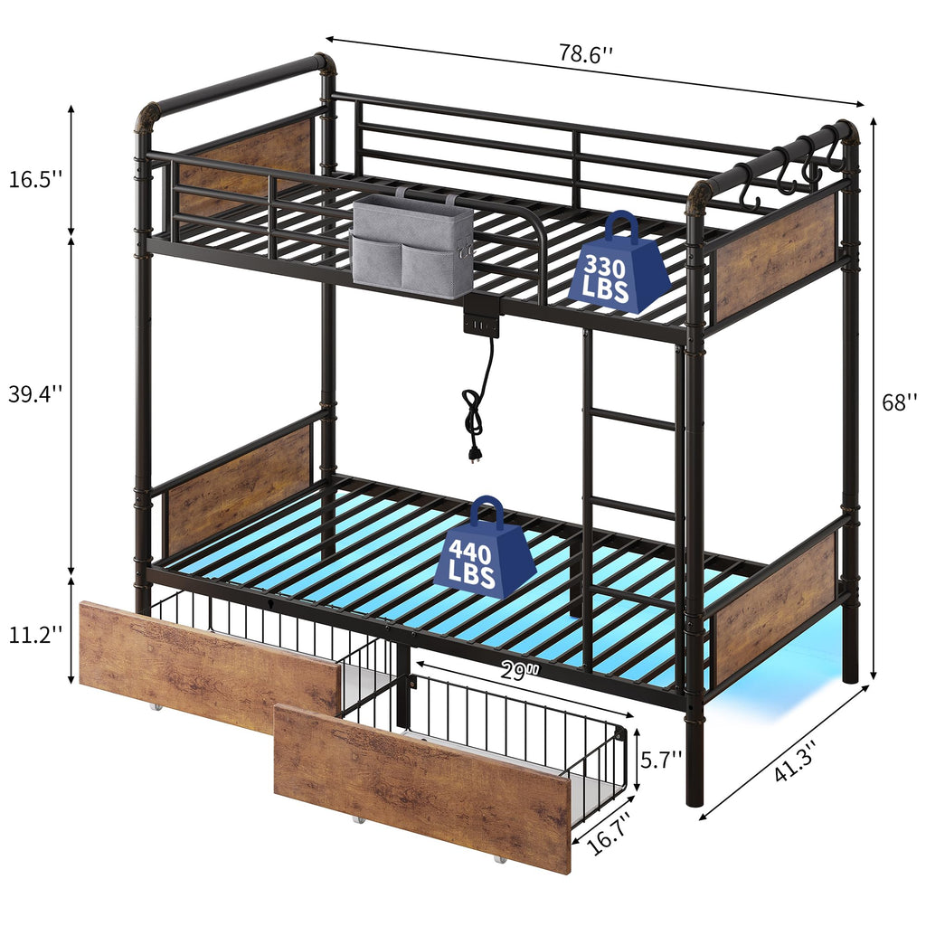 Metal LED Bunk Bed Twin Over Twin with 2 Storage Drawers Q832745