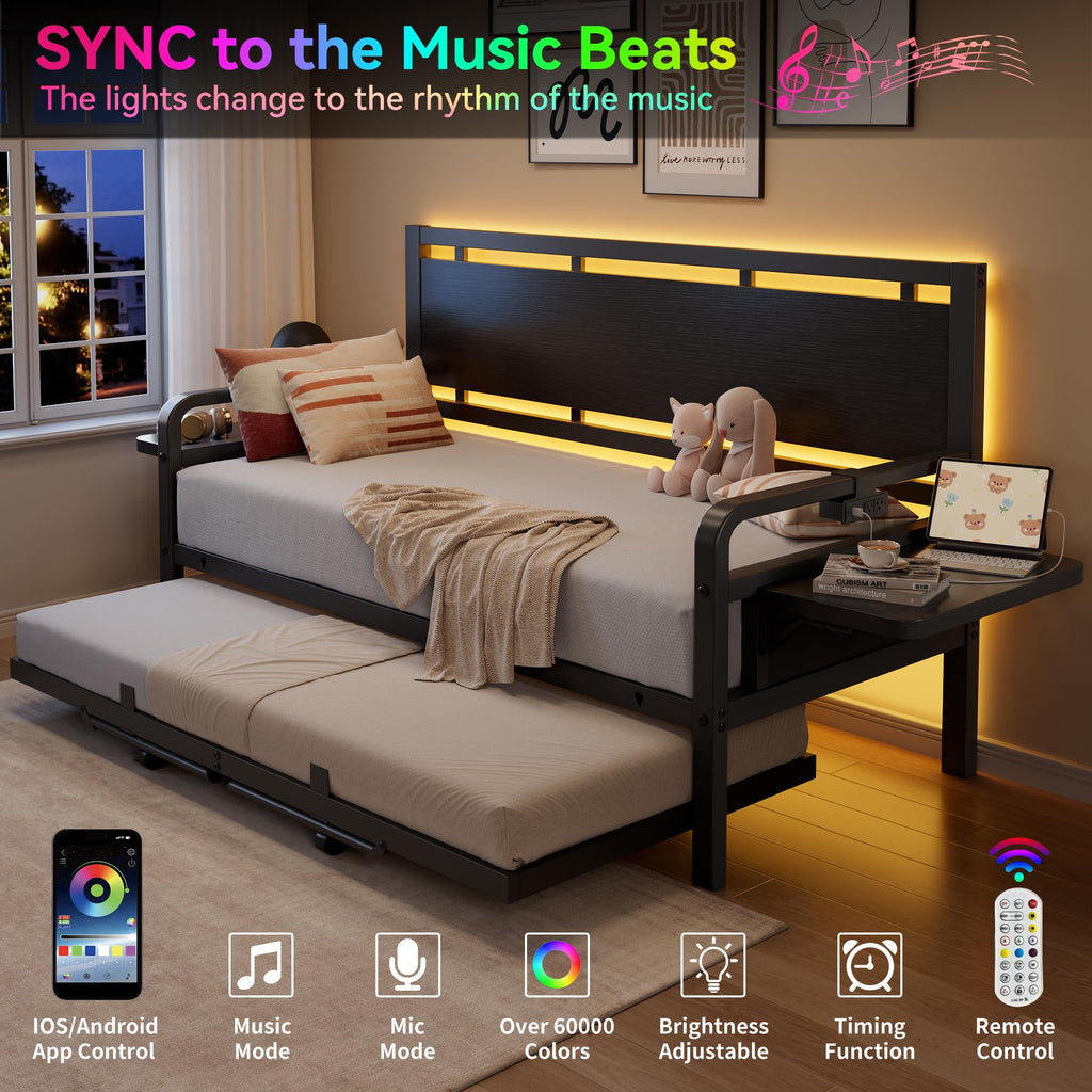 Black Metal Daybed with Trundle and LED Light O764