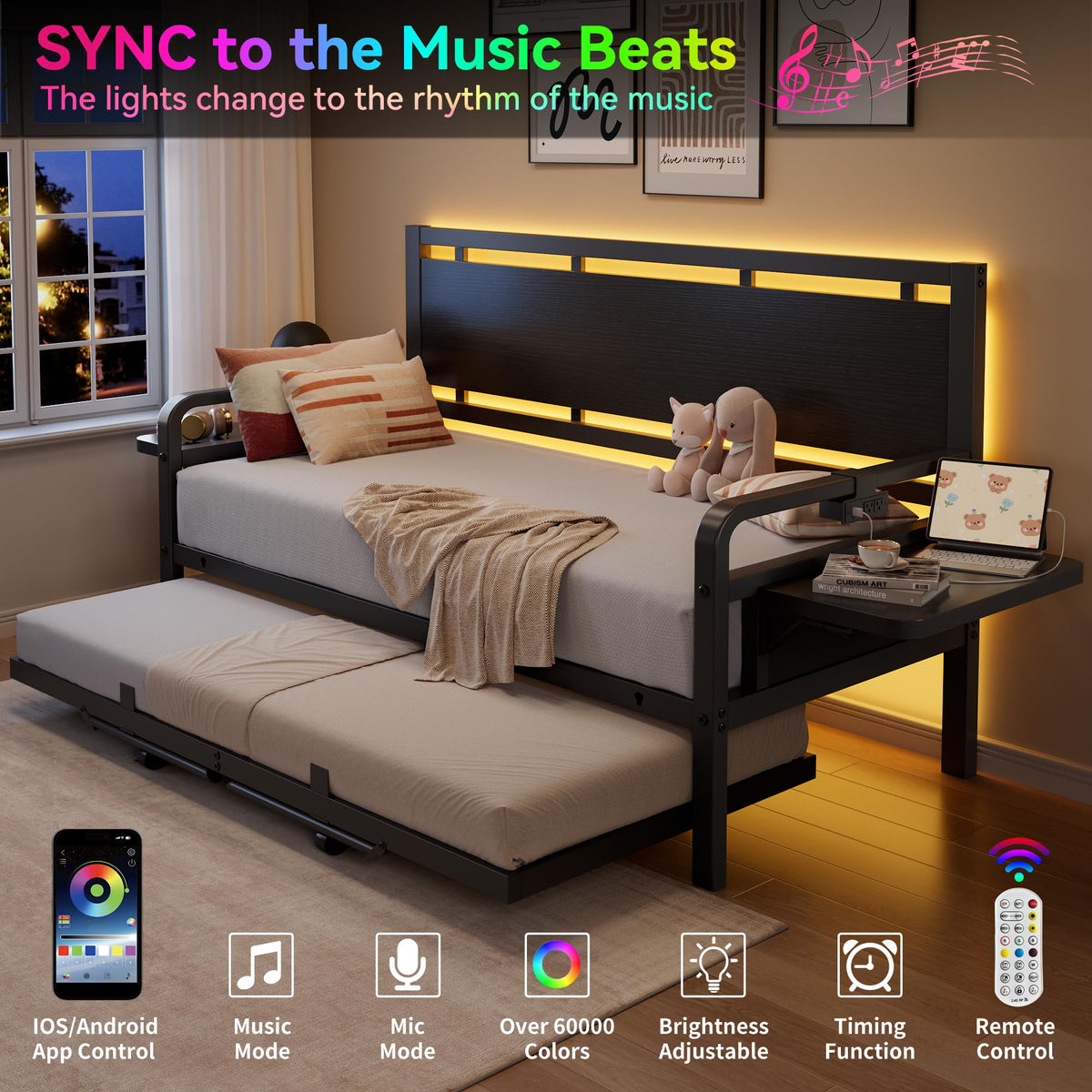 Black Metal Daybed with Trundle and LED Light O764