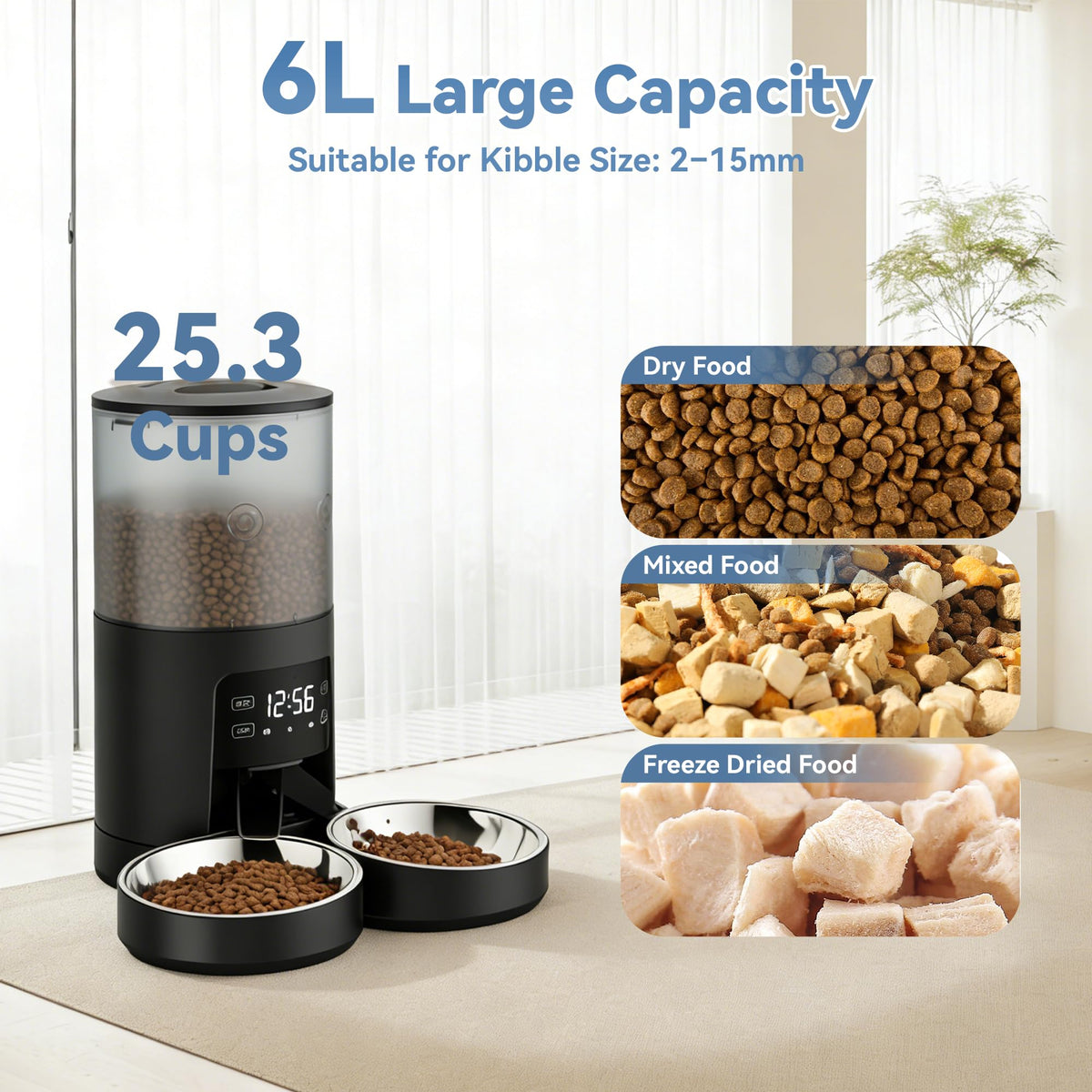 6L Automatic Cat Feeder with 2 Stainless Bowls Black Z24816