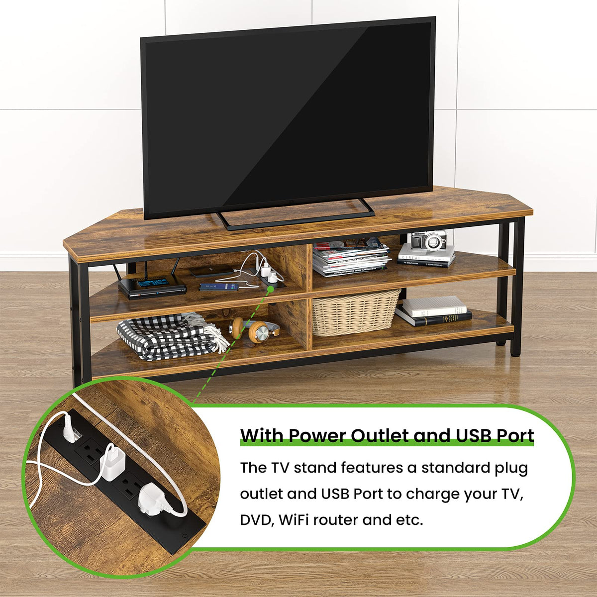 55'' Corner TV Stand with Power Outlet and 4 Open Storage Shelves O549