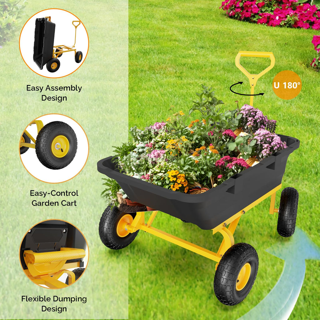 Heavy Duty Dump Cart Wagon, 770LBS Poly Wheelbarrow, 10in All-Terrain Pneumatic Tires Q160