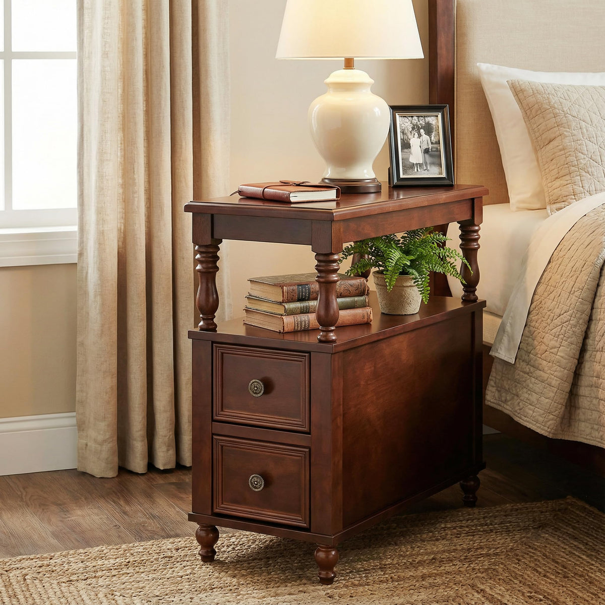 Solid Wood 2 Drawer Nightstand with Open Storage Shelf S368