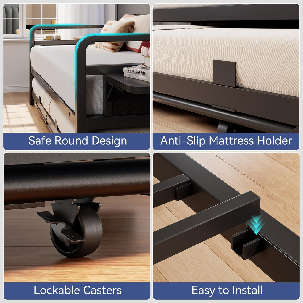 Black Metal Daybed with Trundle and LED Light O764