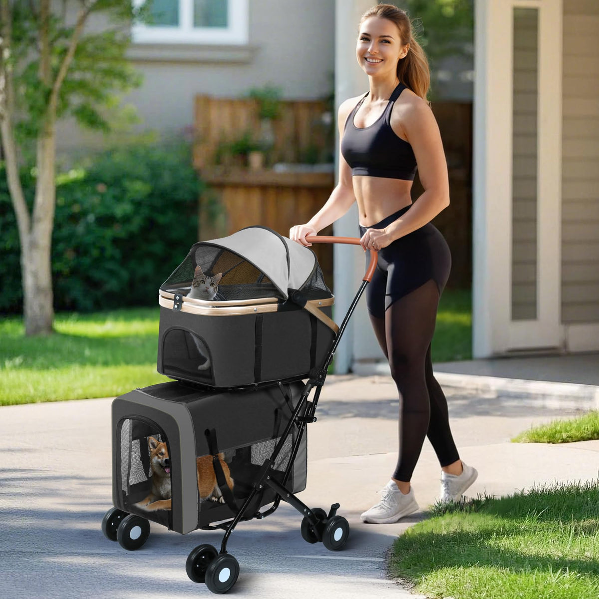 Double Pet Stroller with 4 Lockable Wheels W7756