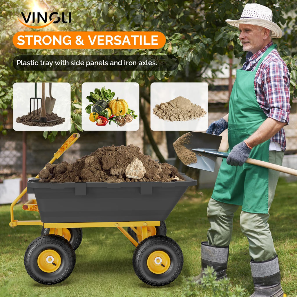 Heavy Duty Dump Cart Wagon, 770LBS Poly Wheelbarrow, 10in All-Terrain Pneumatic Tires Q160
