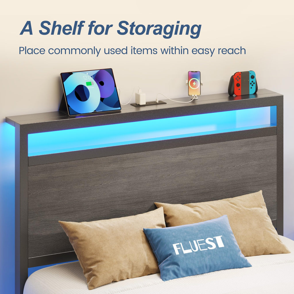 Twin Bed Frame with Headboard & Footboard, Charging Station & LED Light, Rustic Grey V896681