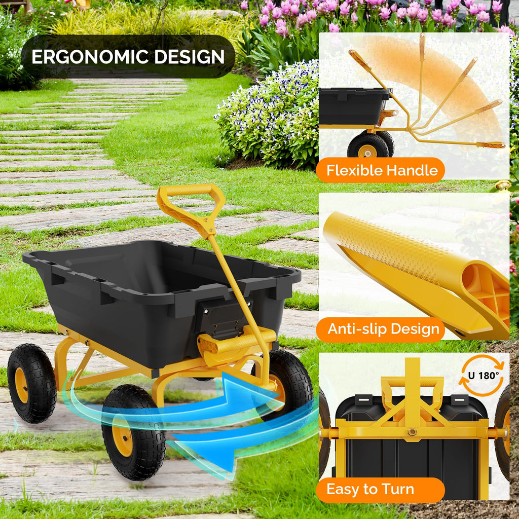 Heavy Duty Dump Cart Wagon, 770LBS Poly Wheelbarrow, 10in All-Terrain Pneumatic Tires Q160