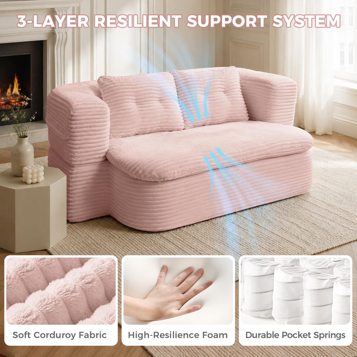 Pink Corduroy Convertible Sofa Bed L166