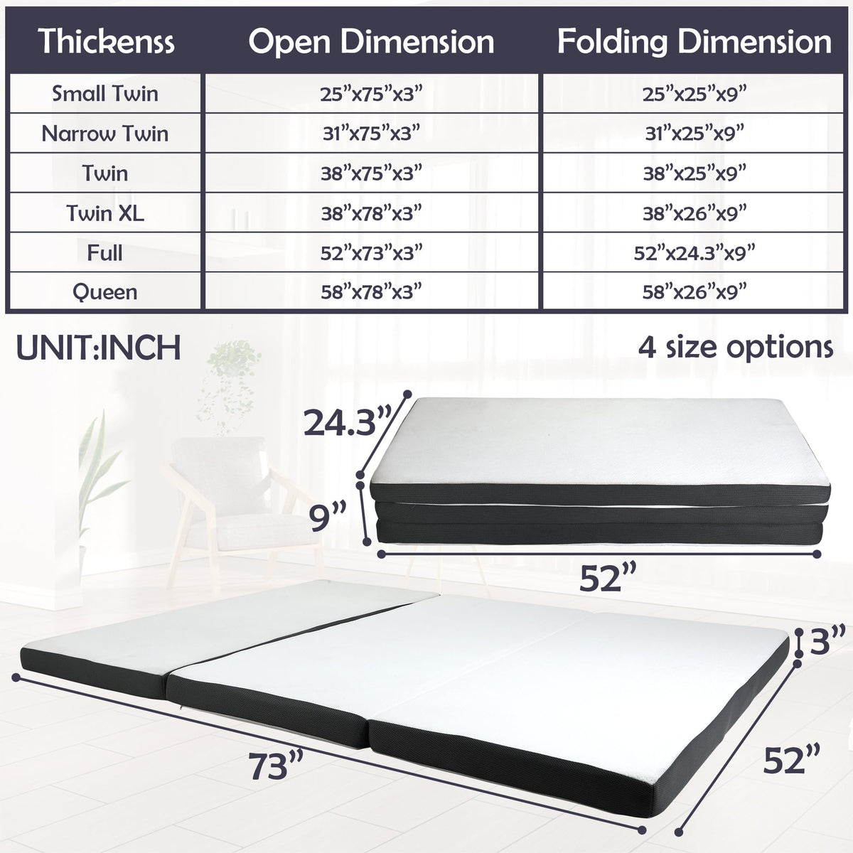 Memory Foam Folding Mattress Full 3 Inch Trifold with Washable Cover G779