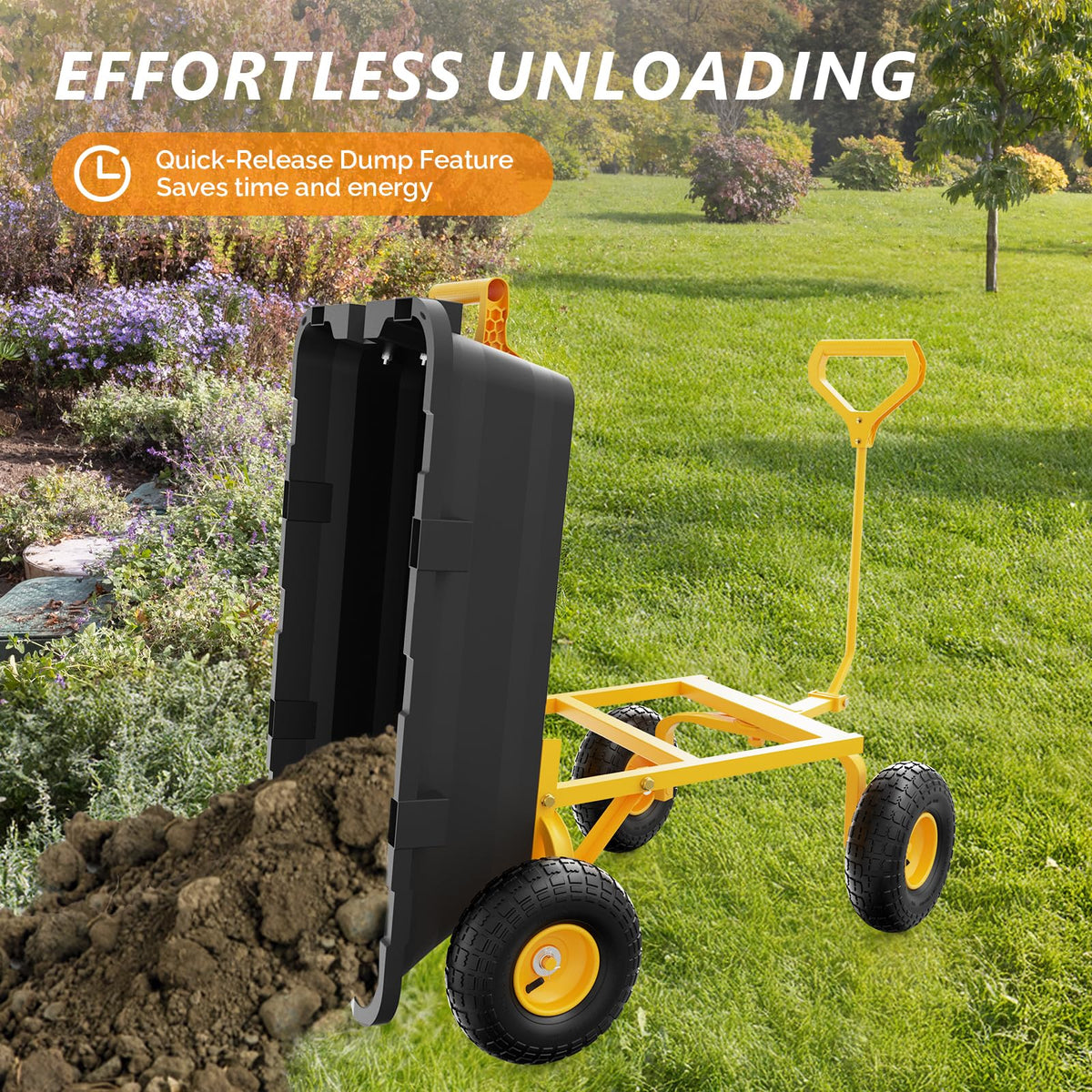 Heavy Duty Dump Cart Wagon, 770LBS Poly Wheelbarrow, 10in All-Terrain Pneumatic Tires Q160