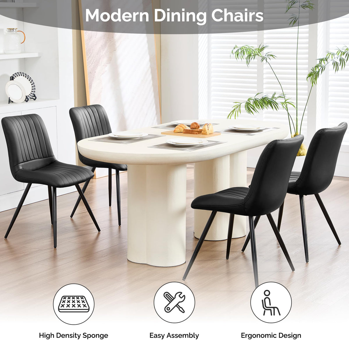 Black Dining Chairs Set of 4 PU Leather Metal Legs H7964