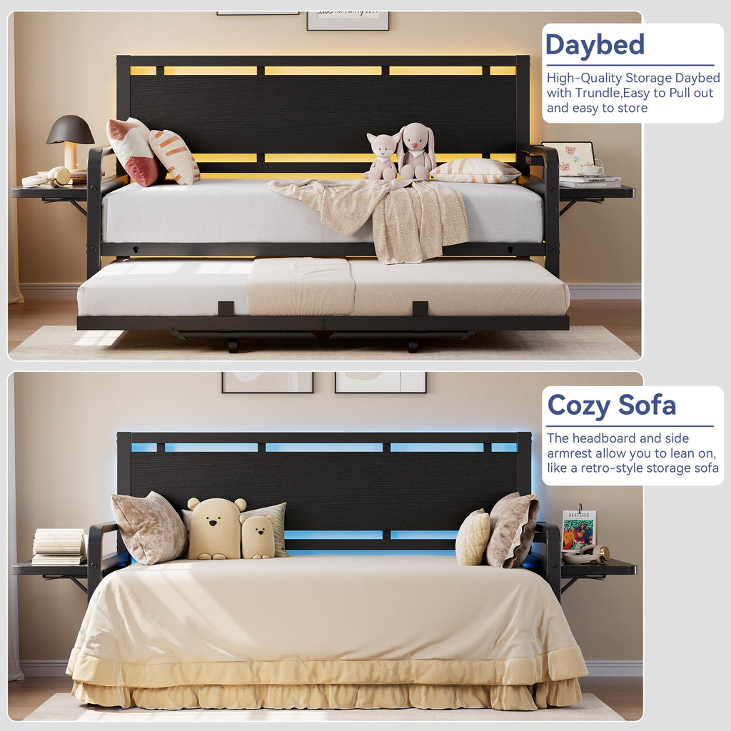 Black Metal Daybed with Trundle and LED Light O764