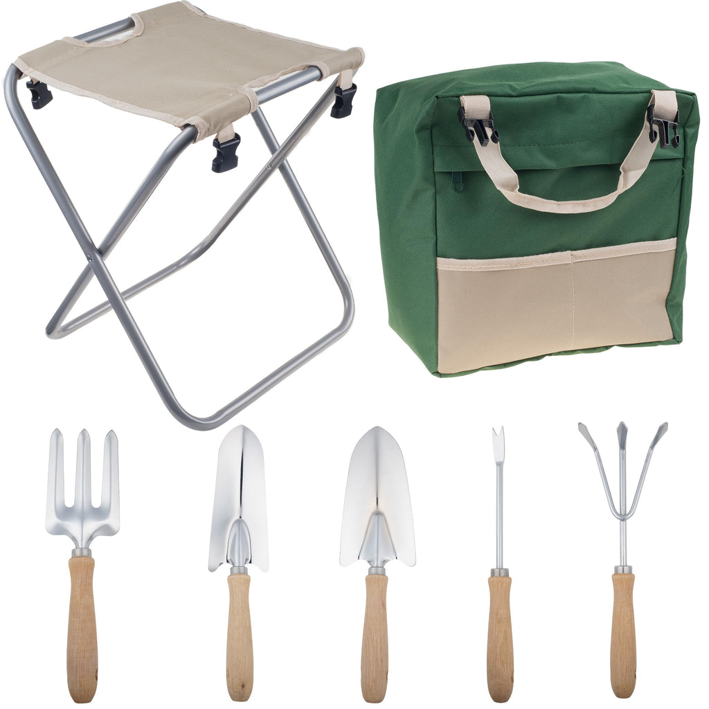 Folding Garden Stool with Tool Bag and 5 Garden Tools I384626
