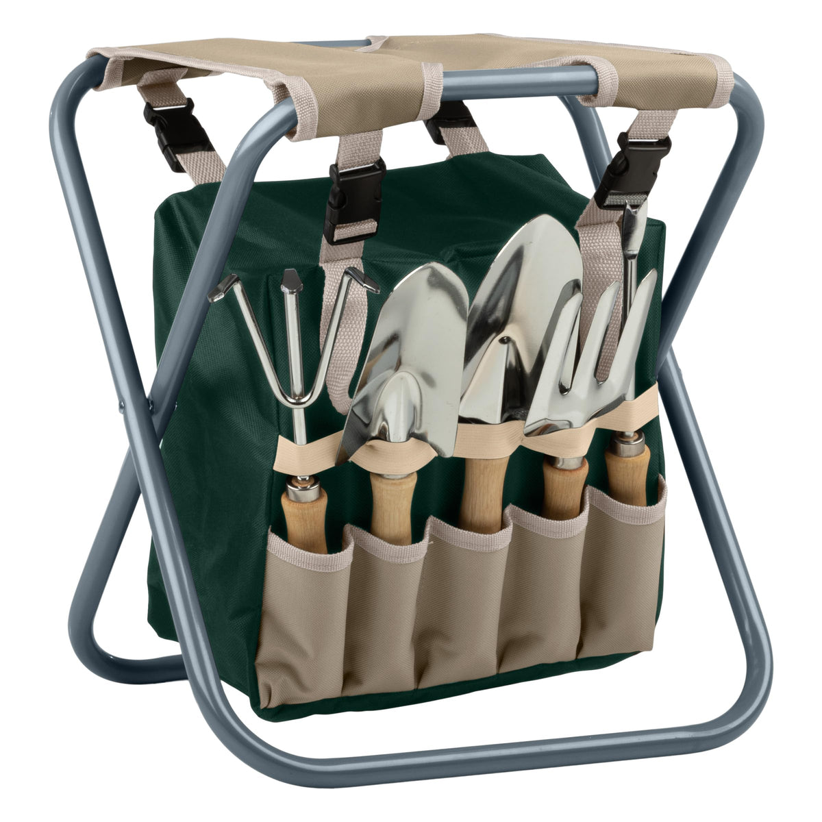 Folding Garden Stool with Tool Bag and 5 Garden Tools I384626