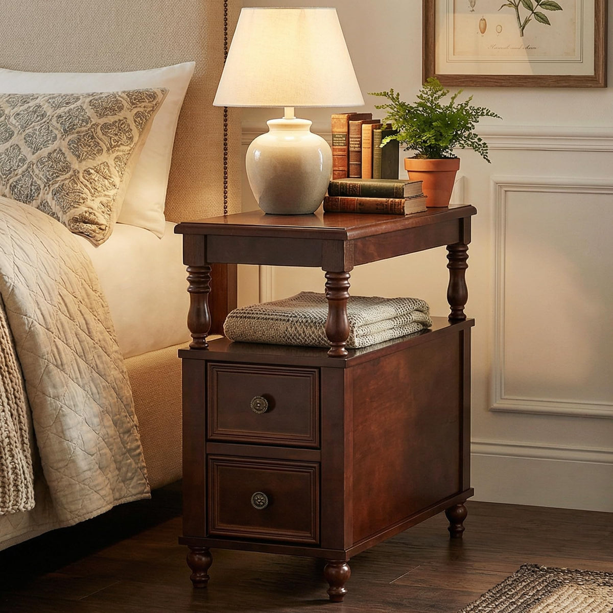 Solid Wood 2 Drawer Nightstand with Open Storage Shelf S368