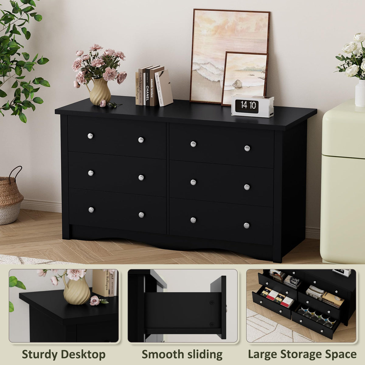 Black 6 Drawer Wood Dresser N7417
