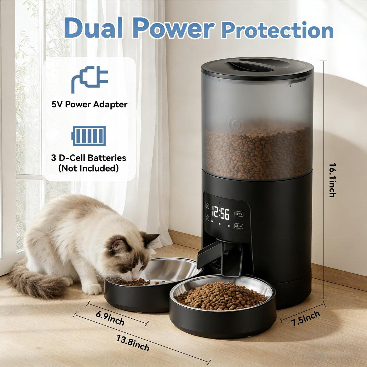 6L Automatic Cat Feeder with 2 Stainless Bowls Black Z24816